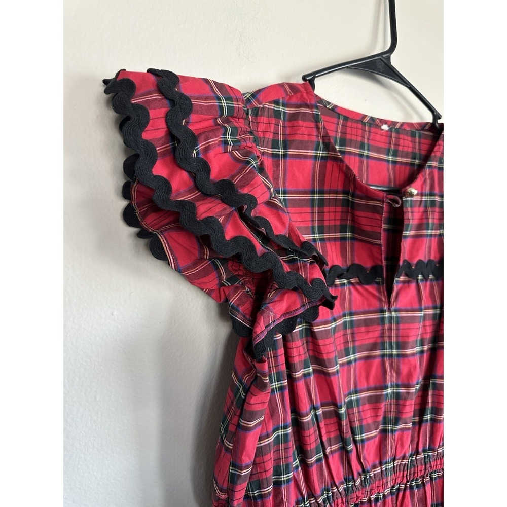Red Tartan Plaid Frontier Dress 100% Cotton Tiered Ruffled Scottish Mountain - Picture 3 of 16